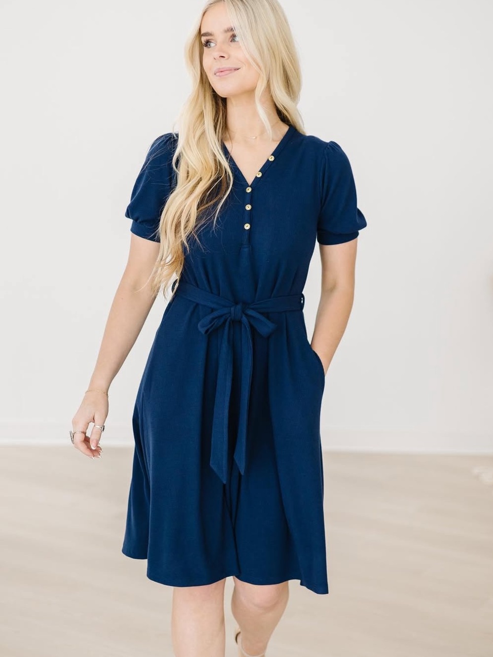 Merrick White Collection Anywhere Ribbed Henley Dress in Navy